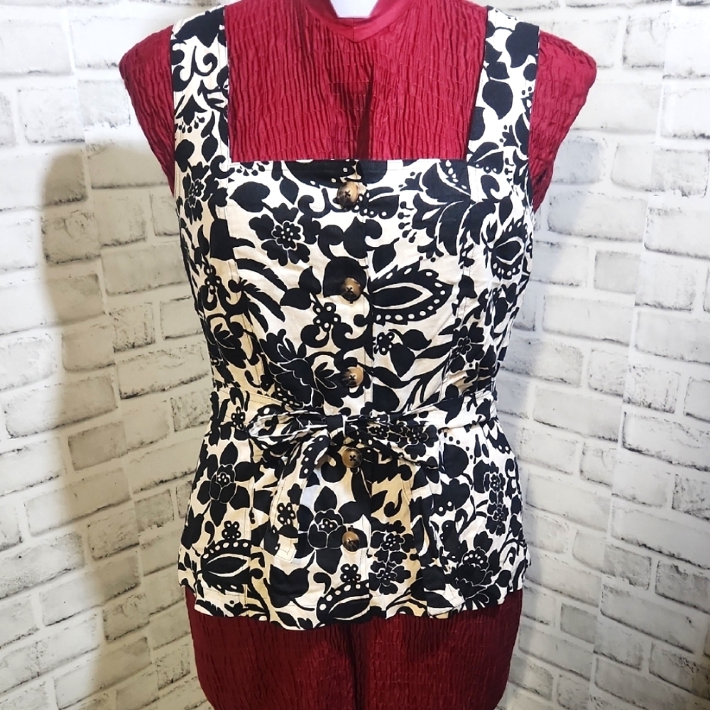 Ann Taylor Floral Black and White Top SZ S